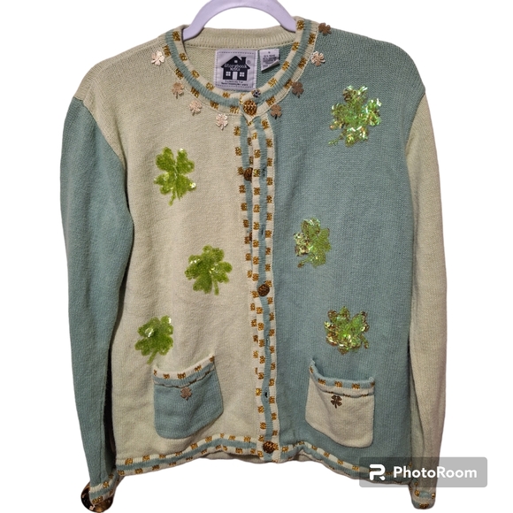 Vintage Storybook Knits Cardigan Sweater HSN St. Patrick's Clover Green Sz S - Picture 4 of 13